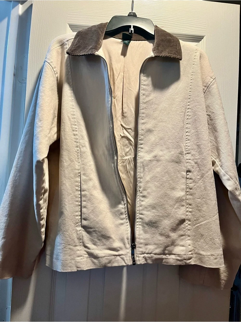 Women's Beige Cotton Zip-Front Jacket with Brown Corduroy Contrast Collar